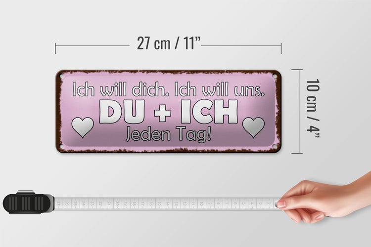 Blechschild Spruch 27x10cm Du + Ich jeden Tag ich will dich Dekoration
