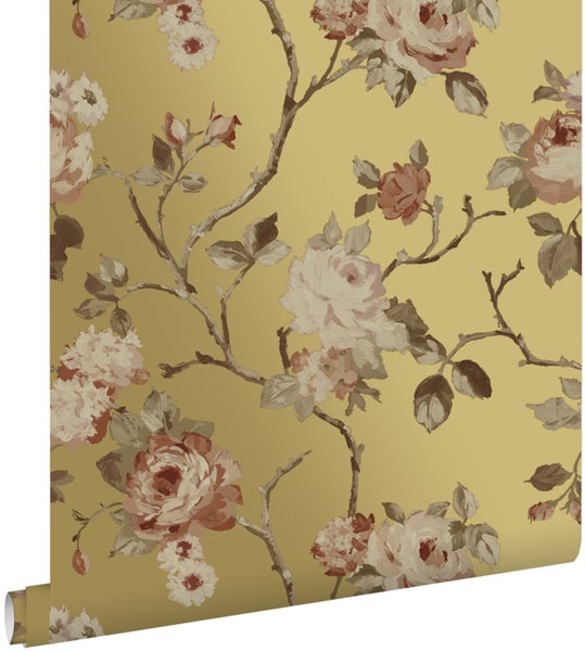 ESTAhome Tapete Blumenmuster Gold und Terrakottarosa - 53 cm x 10.05 m - 139762