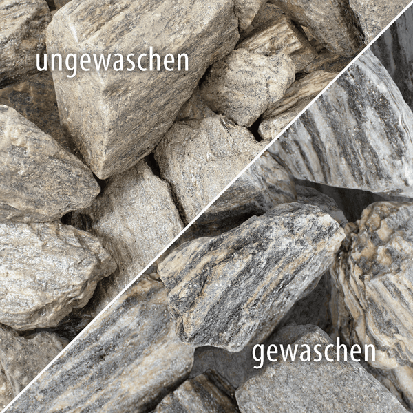 Vergleich von Gartensteinen im ungewaschenen und gewaschenen Zustand.