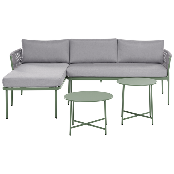 Garten-Lounge-Set mit grünem Metallgestell, Seilgeflecht, grauen Polstern, Ecksofa und zwei runden Beistelltischen.