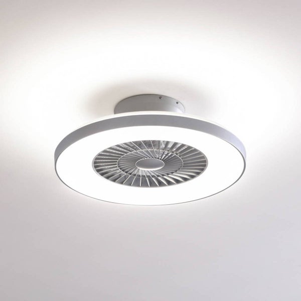 Moderne kreisförmige LED Deckenleuchte mit integriertem Ventilator und hellem Lichtring.