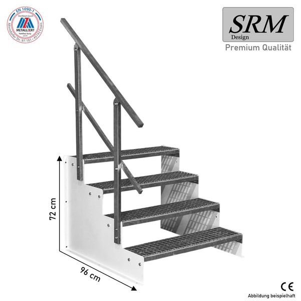 Stahltreppe mit 4 Gitterroststufen und einseitigem Geländer, Höhe 72 Zentimeter, Tiefe 96 Zentimeter, silberfarben und weiß.
