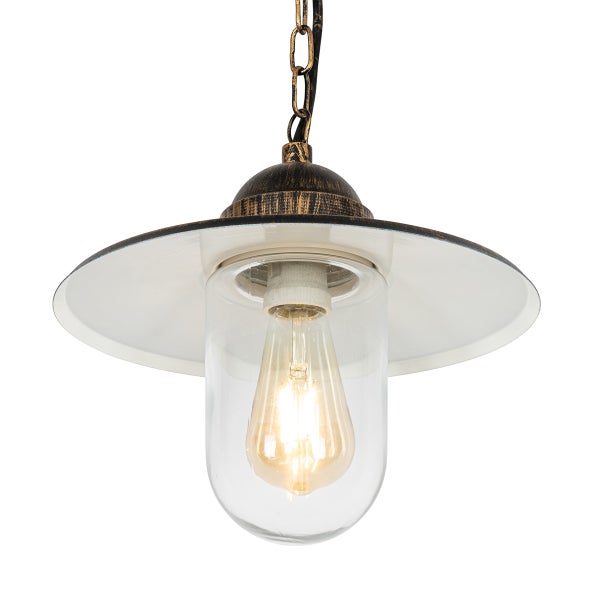 Rustikale Pendelleuchte im Industriestil mit Metallschirm, klarem Glaszylinder und Kettenaufhängung.