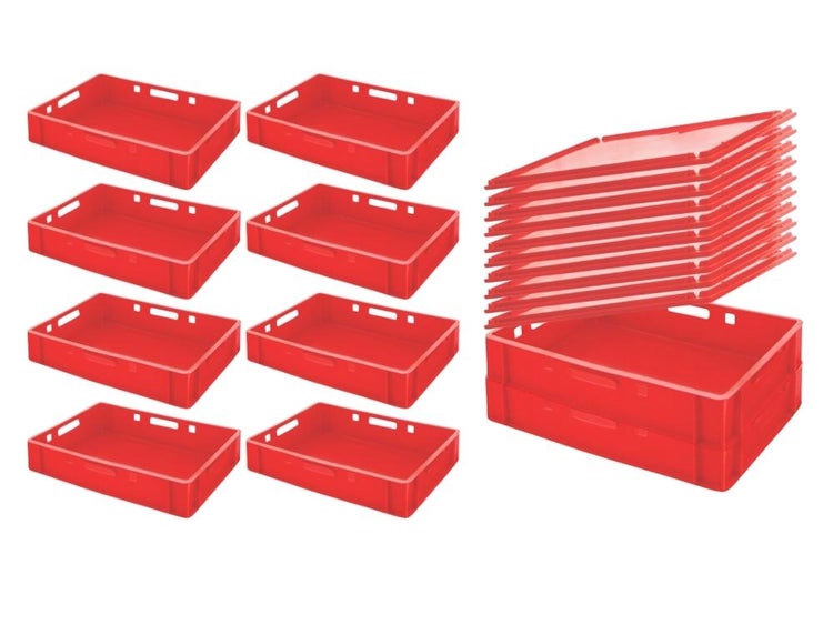 PROREGAL SparSet 10 x Eurobehälter Fleischerkasten E1 Mit Auflagedeckel HxBxT 12,5 x 40 x 60 cm 25 Liter Rot Fleischerkiste Fleischkiste