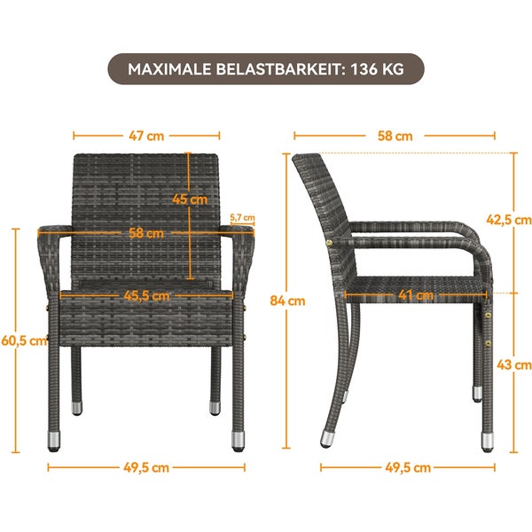 Abmessungen Gartensessel mit Armlehne, maximale Belastbarkeit 136 Kilogramm