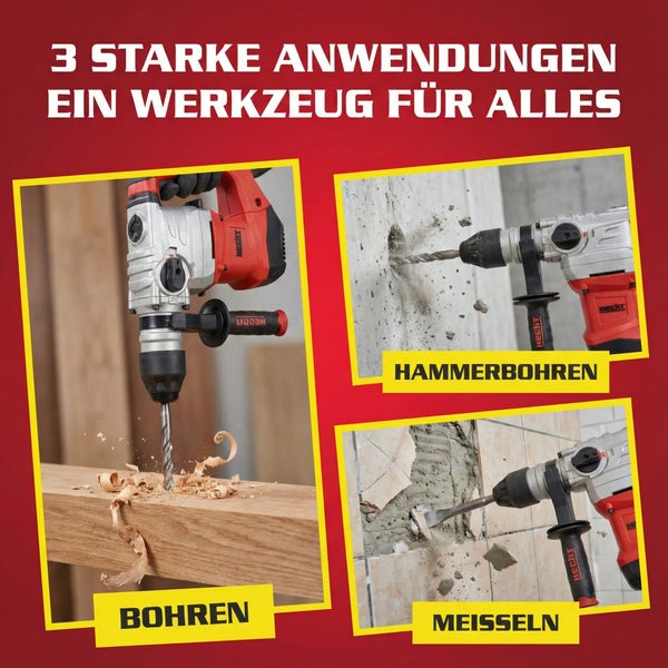 Abbildung einer Bohrmaschine in drei Anwendungsbereichen: Bohren in Holz, Hammerbohren in Beton und Meißeln von Fliesen
