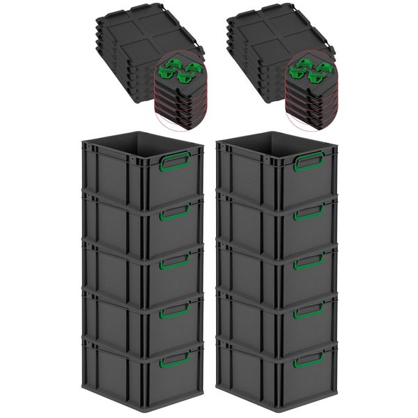 PROREGAL SparSet 10x Eurobox NextGen Color mit Auflagedeckel und Schiebeschnappverschlüsse, HxBxT 22x30x40cm, 20 Liter, Schwarz, Griffe grün geschlossen, Eurobehälter, Transportbox, Transportbehälter, Stapelbehälter