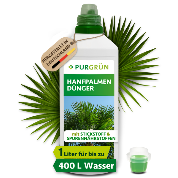 Flasche Purgrün Hanfpalmen Dünger mit Stickstoff und Spurennährstoffen, 1 Liter Inhalt ausreichend für bis zu 400 Liter Gießwasser.