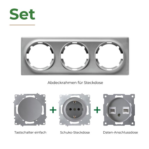 Set bestehend aus einem dreifachen Abdeckrahmen, einem einfachen Tastschalter, einer Schuko Steckdose und einer Datenanschlussdose