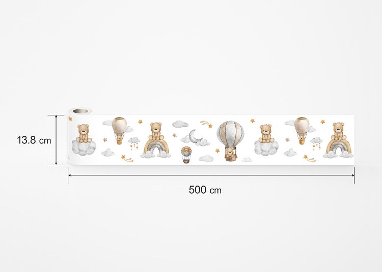 Tapetenbordüre für Kinderzimmer mit Teddybären, Heißluftballons, Regenbögen und Sternen, Maße 13,8 Zentimeter mal 500 Zentimeter.