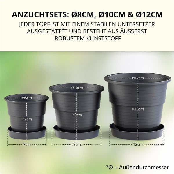 Anzuchttöpfe 12 cm Durchmesser 30 Stück mit Untersetzer, Aussattöpfe, Saattöpfe