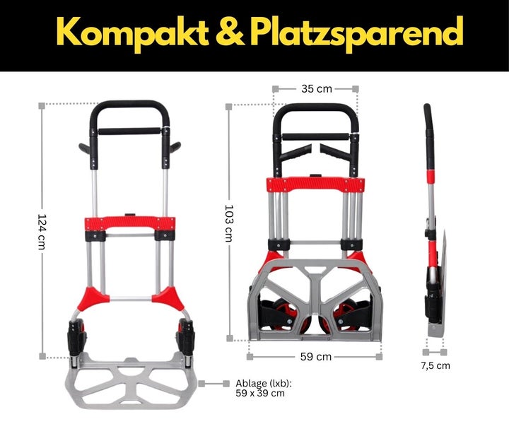 PROREGAL Klappbare Profi-Sackkarre ELEPHANT HxBxT 112 x 60 x 61 cm Traglast 250 kg Ergonomische Griffe TPR-Gummiräder Schwarz-Rot-Silber