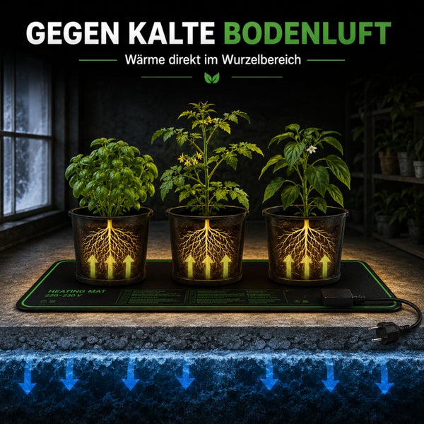 Heizmatte für Pflanzen im Topf gegen kalte Bodenluft mit Wärmeabgabe an den Wurzelbereich, 220 bis 230 Volt.