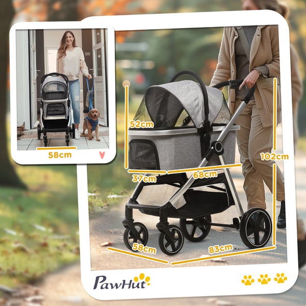 PawHut Hundewagen, 3 in 1 Hundebuggy, Autositz, Transporttasche, Katzenbuggy mit Kissen bis 15 kg, faltbarer Katzenwagen für kleine Hunde mit Bremsen, Netzfenster, Sicherheitsleinen, Hellgrau