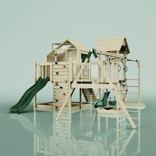Holzspielplatz mit Rutsche, Schaukeln, Kletterwand und Spielhaus