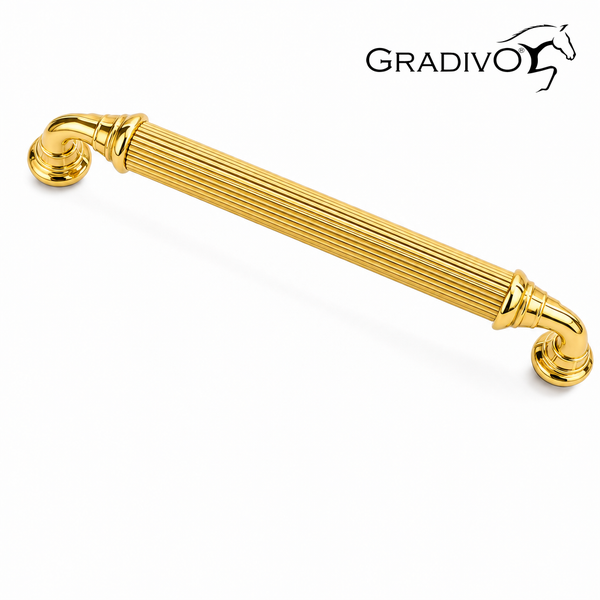 Möbelgriff aus Metall mit geriffelter Oberfläche im Gold-Design. Gradivo Logo.