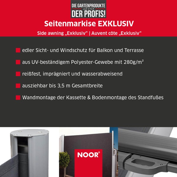 Seitenmarkise EXKLUSIV - 200x350 cm - Anthrazit - blickdichter Sichtschutz für Balkon, Terrasse & Garten - ausziehbarer Sonnenschutz/Windschutz inkl. Befestigungen - imprägniert und wasserabweisend