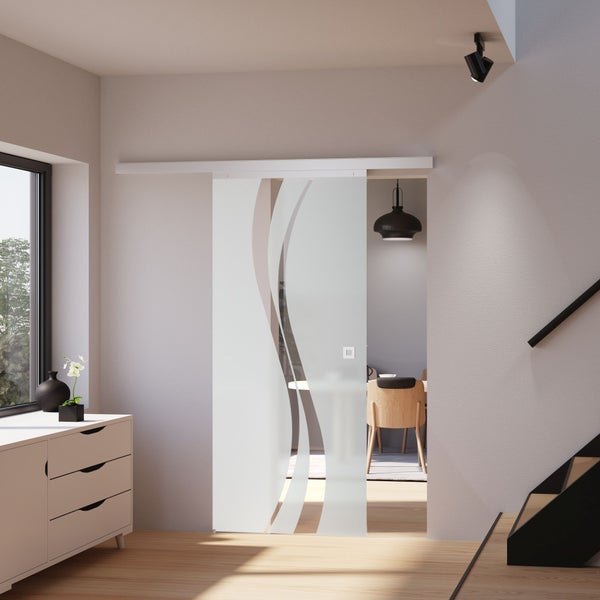 Tür Schiebetür Komplettset Glas wellenfömig 755x2035 Zimmertür Glasschiebetür -  Quadratgriff