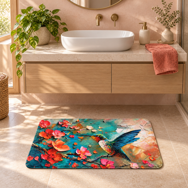 Badezimmermatte mit Kolibri und Blumenmotiv auf Fliesenboden vor einem modernen Waschtisch mit Aufsatzwaschbecken und Holzschubladen.