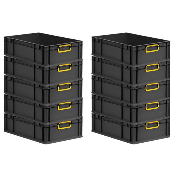 PROREGAL SparSet 10x Eurobox NextGen Color, HxBxT 17x40x60cm, 34 Liter, Griffe gelb geschlossen, Schwarz, Eurobehälter, Transportbox, Transportbehälter, Stapelbehälter