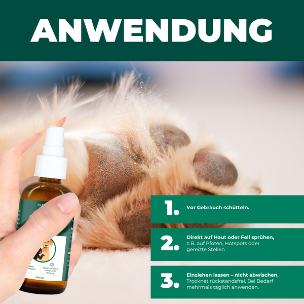 Anwendungshinweise für ein Tierpflegespray zum Aufsprühen auf Haut und Fell zur Beruhigung von gereizten Stellen oder Pfoten bei Haustieren.
