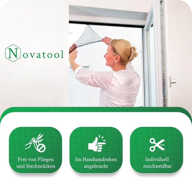Frau montiert Insektenschutzgitter am Fenster. Novatool Logo. Schutz vor Insekten, schnelle Montage und individuell zuschneidbar.