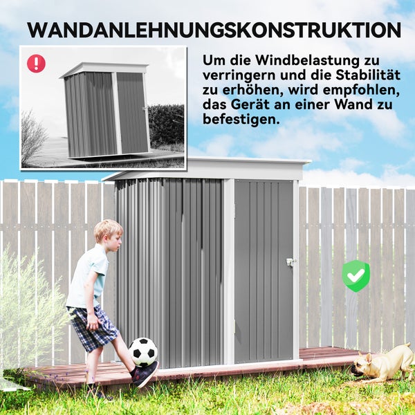 Metall-Gerätehaus für die Wandmontage im Garten mit einem Hinweis zur erhöhten Stabilität durch Befestigung an einer Wand.