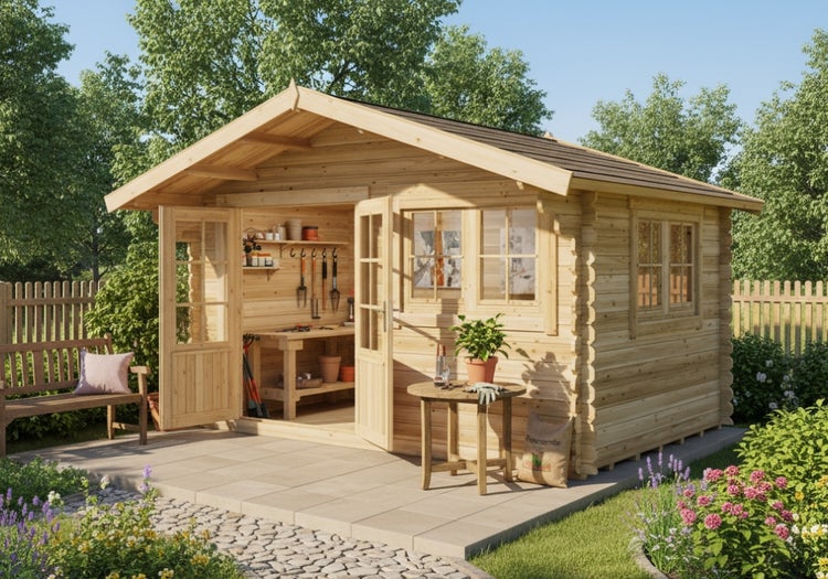 Gartenhaus aus Holz mit Werkbank und Gartengeräten