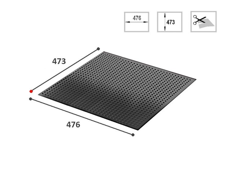 Schwarze Antirutschmatte mit den Abmessungen 476 mal 473 und einem Symbol für die individuelle Zuschneidbarkeit.