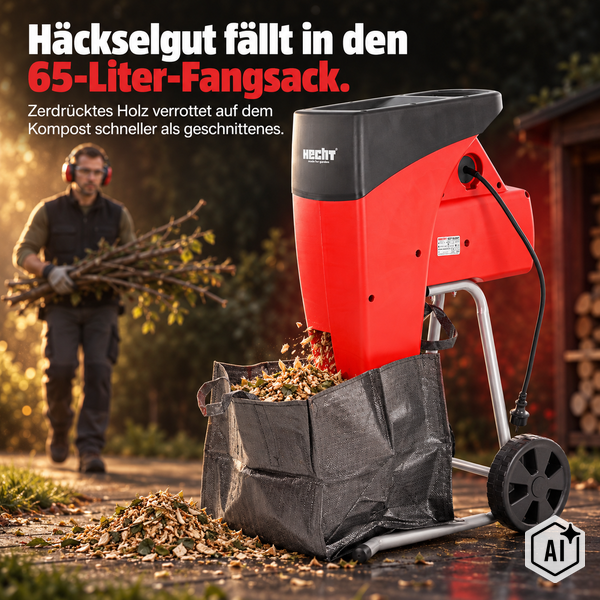 Ein elektrischer Gartenhäcksler der Marke Hecht mit einem 65 Liter Fangsack im Gartenbetrieb.
