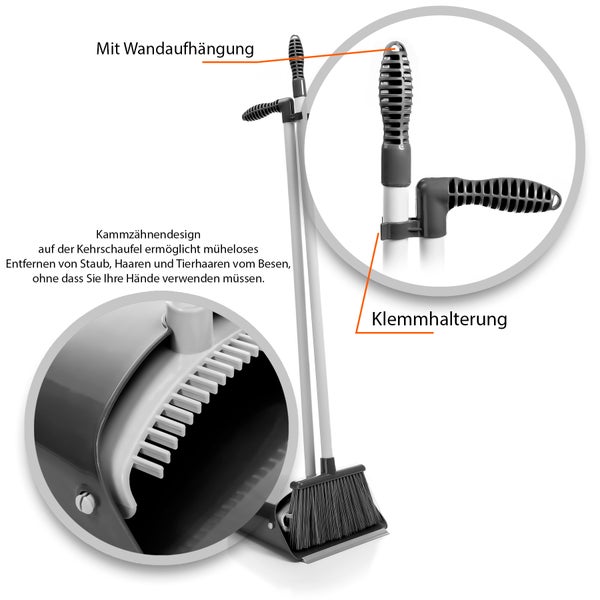 Besen und Kehrschaufel Set mit Wandaufhängung und Klemmhalterung