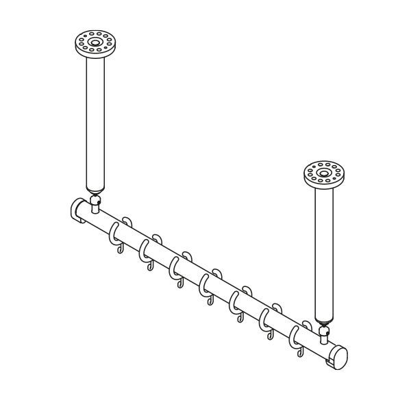 Technische Zeichnung einer Duschvorhangstange mit zwei Deckenhalterungen und mehreren Vorhangringen.