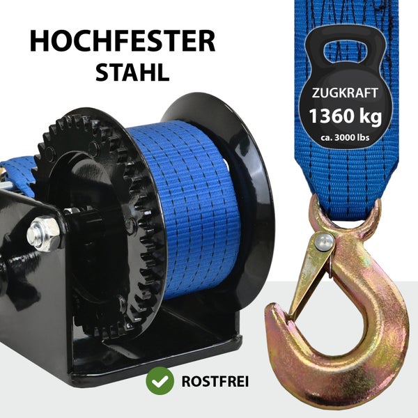 Handseilwinde mit hochfestem Stahlseil und Haken für eine Zugkraft von 1360 Kilogramm