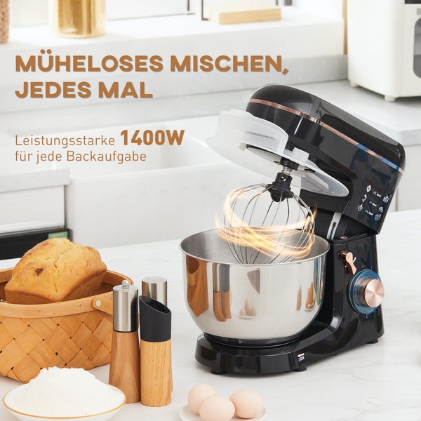 HOMCOM Küchenmaschine Teigmaschine 1400W 6+P Geschwindigkeits 5,5L Edelstahlschüssel Knetmaschine mit Teigschaber, Eiertrenner, Schlagbesen, Rührhaken, Knethaken und Spritzschutz Schwarz
