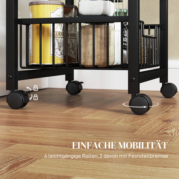 HOMCOM Küchenwagen Servierwagen mit Arbeitsplatte, 4 ausziehbaren Stahlkörben, Rollwagen für Büro, 49,5 x 31 x 91 cm, Eiche
