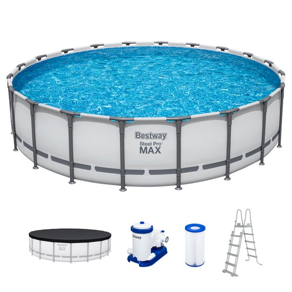 Bestway Steel Pro MAX Rundpool-Set mit Filterpumpe, Filterkartusche, Sicherheitsleiter und Abdeckplane.