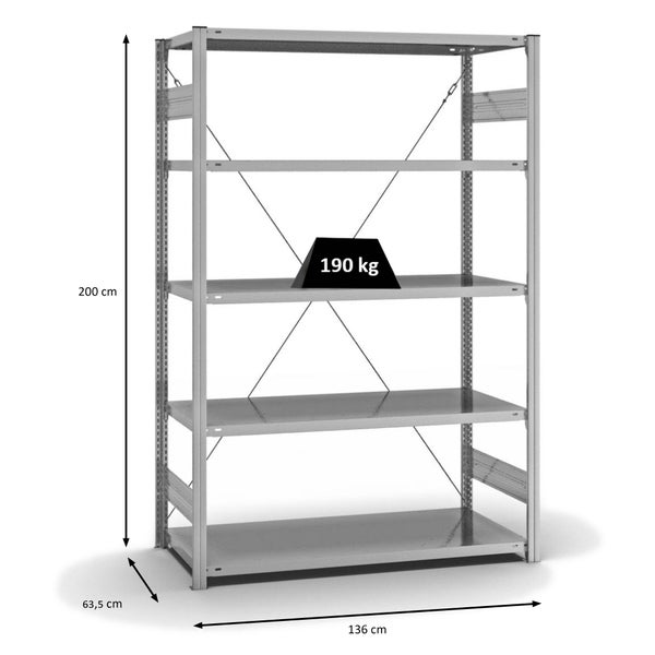 PROREGAL Fachbodenregal Stecksystem T-Profil Light-Duty Grundregal HxBxT 200 x 130 x 60 cm 5 Ebenen Fachlast 190 kg Einseitig Nutzbar Verzinkt