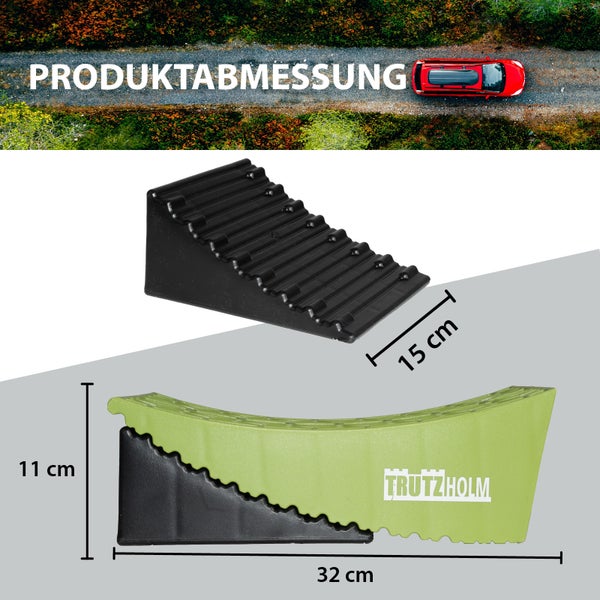 Produktabmessung eines Unterlegkeils der Marke Trutzholm mit den Maßen 11 cm x 32 cm x 15 cm