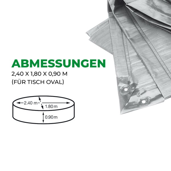 Abmessungen der Schutzhülle für einen ovalen Tisch: 2,40 Meter mal 1,80 Meter mal 0,90 Meter. Detailansicht der Ecke mit Ösen.