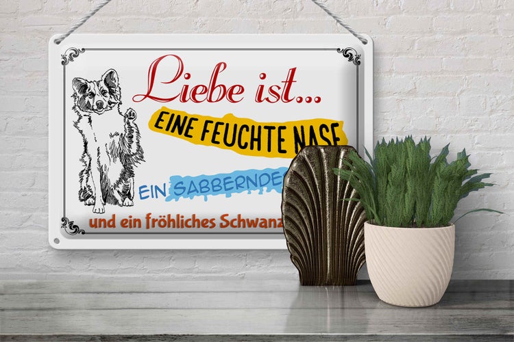 Blechschild Spruch 30x20cm Liebe ist eine feuchte Nase Kuss