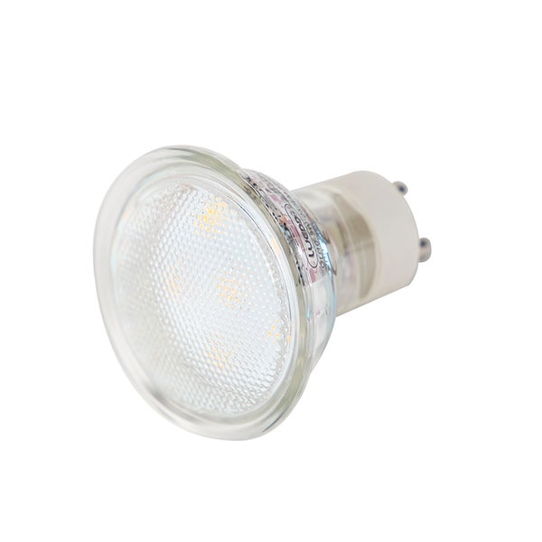 LED Reflektorlampe mit GU10 Sockel und strukturierter Glasoberfläche.