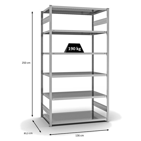 PROREGAL Fachbodenregal Stecksystem T-Profil Light-Duty Grundregal HxBxT 250 x 130 x 80 cm 6 Ebenen Fachlast 190 kg Beidseitig Nutzbar Verzinkt