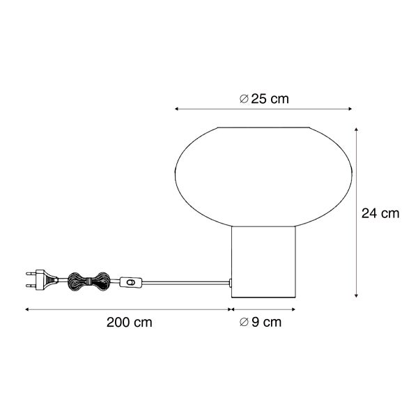 Maßzeichnung einer Tischleuchte: Schirm Durchmesser 25 Zentimeter, Höhe 24 Zentimeter, Fuß Durchmesser 9 Zentimeter, Kabellänge 200 Zentimeter.