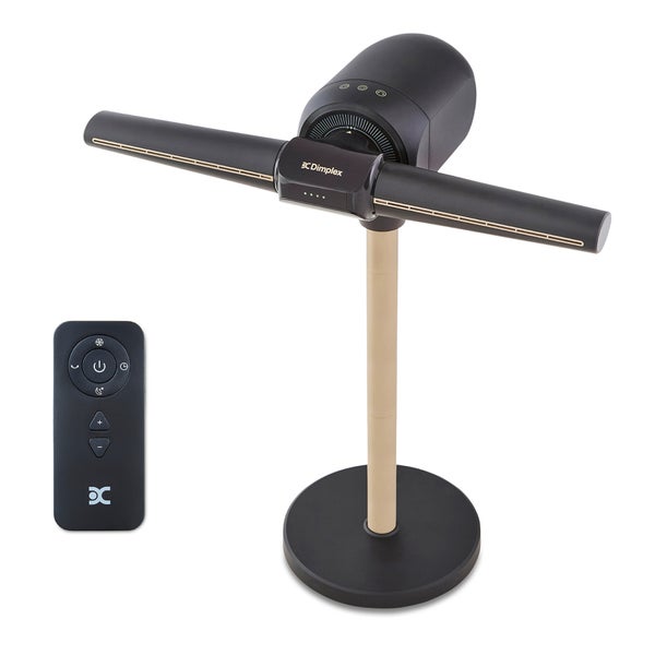 Dimplex Standventilator mit Fernbedienung, horizontales Design in Schwarz und Holzoptik, runde Basis.