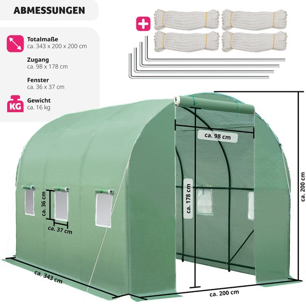 Gewächshaus mit Abmessungen, Seilen und Stäben