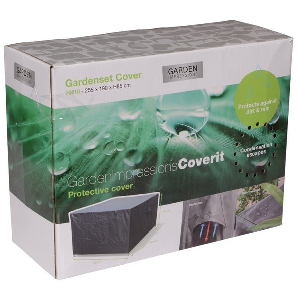 Verpackung der Garden Impressions Coverit Schutzhülle für Gartenmöbelsets, 255 mal 190 mal 85 Zentimeter, wasserabweisend, schützt vor Schmutz.