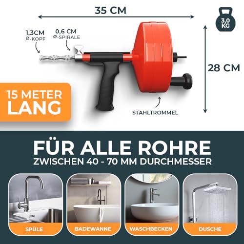 Meisterfaktur Rohrreinigungsspirale mit Metalltrommel [15m] - mit Bohraufsatz - Ideale Abflussspirale für eine umweltfreundliche Rohrreinigung - Die stabile Rohrspirale für echte Heimwerker!