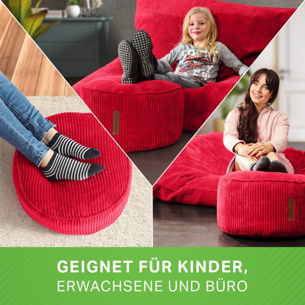 Green Bean Pouf-Kissen 45x25cm mit EPS-Perlen Füllung & Cordstoff Bodenkissen Liegekissen Sitzkissen Sitzhocker Sessel Kinder Erwachsene Stoff Hocker Ablage Rot