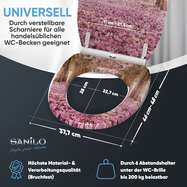 Sanilo Toilettensitz mit Kirschblüten-Motiv, Maße 37,7 mal 46 bis 48 Zentimeter, universell passend, belastbar bis 200 Kilogramm, Sanilo Logo.