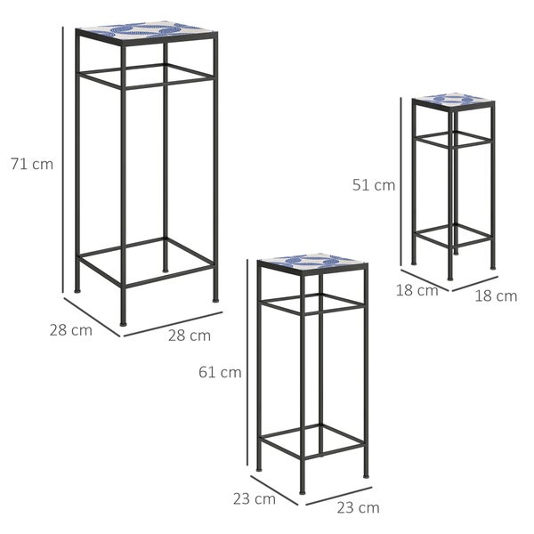 Outsunny 3er-Set Pflanzenständer, 71 cm hoch Blumenständer für Innen, Pflanzenregal aus Metall, 3 verschieden große Blumenregal, Blumenhocker, Blumentopfständer für Wohnzimmer Garten Balkon Blau+Weiß
